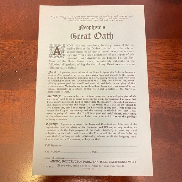 Rosicrucian Neophyte's Great Oath - Picture 1 of 2